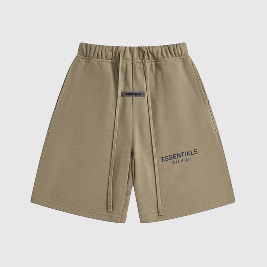 Fear of God Essentials dark beige fleece shorts with relaxed fit and tonal logo