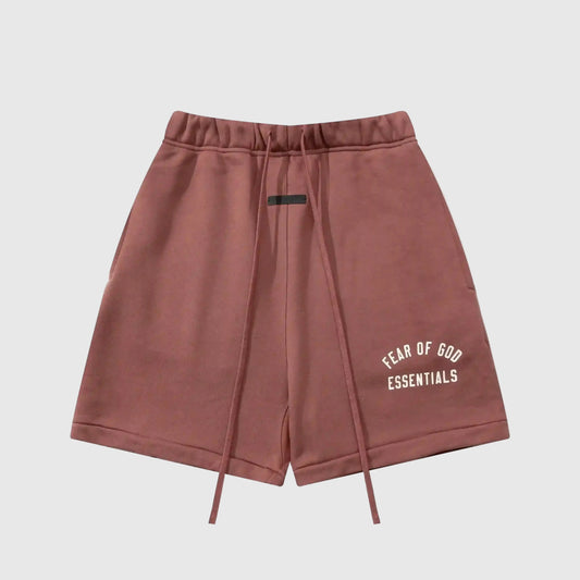 Fear of God Essentials Dark Chestnut fleece shorts with tonal logo and relaxed streetwear silhouette