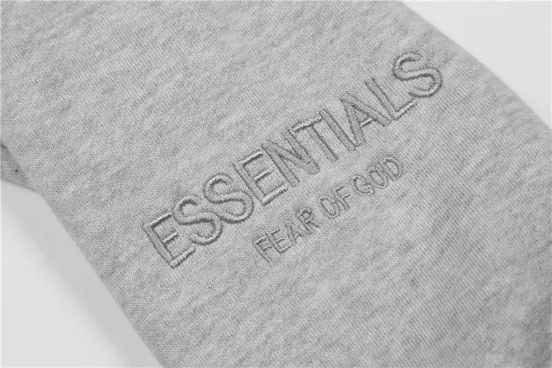 essentials gray hoodie ribbed cuffs and hem detail