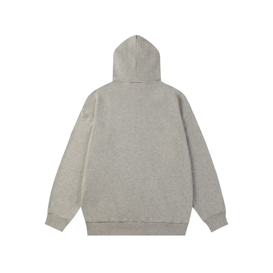 Essentials dark heather oatmeal hoodie back view relaxed fit heavyweight core fleece