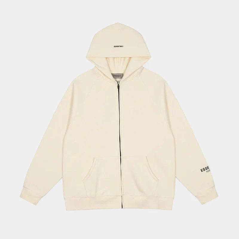 Essentials Light Cream zip-up hoodie front view – Fear of God