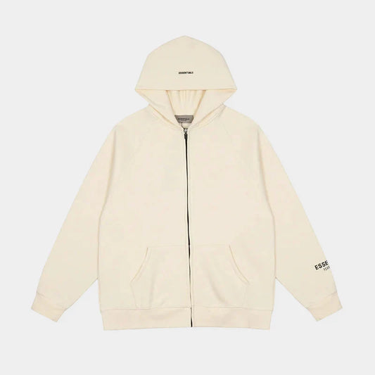 Essentials Light Cream zip-up hoodie front view – Fear of God