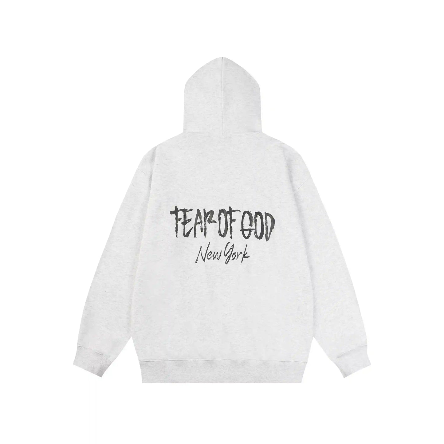 Essentials light heather oatmeal hoodie back view relaxed fit heavyweight core fleece