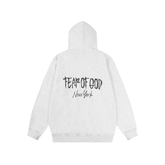 Essentials light heather oatmeal hoodie back view relaxed fit heavyweight core fleece