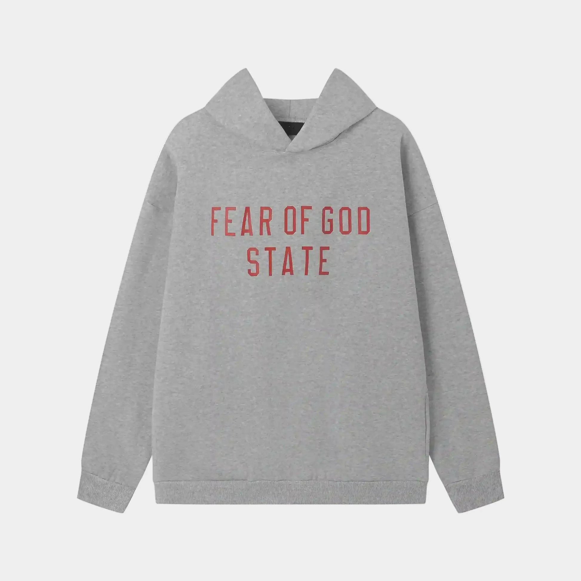Fear of God Essentials light grey hoodie front view with rubberized Black Bar branding