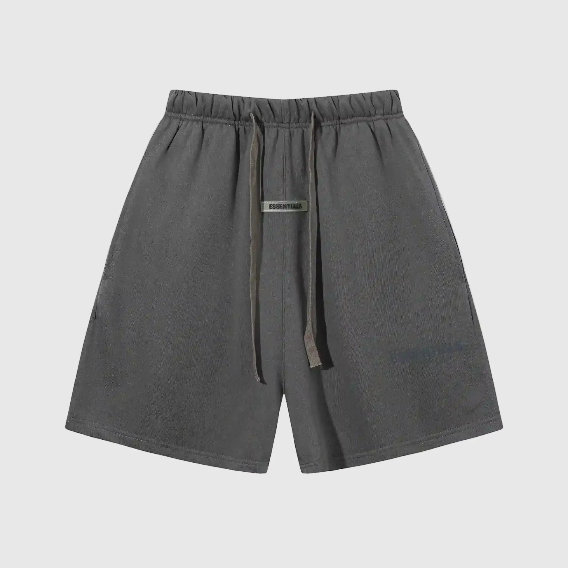 “Fear of God Essentials heather grey fleece shorts with tonal branding and drawstrings
