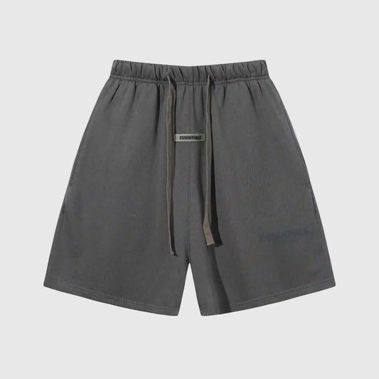 “Fear of God Essentials heather grey fleece shorts with tonal branding and drawstrings