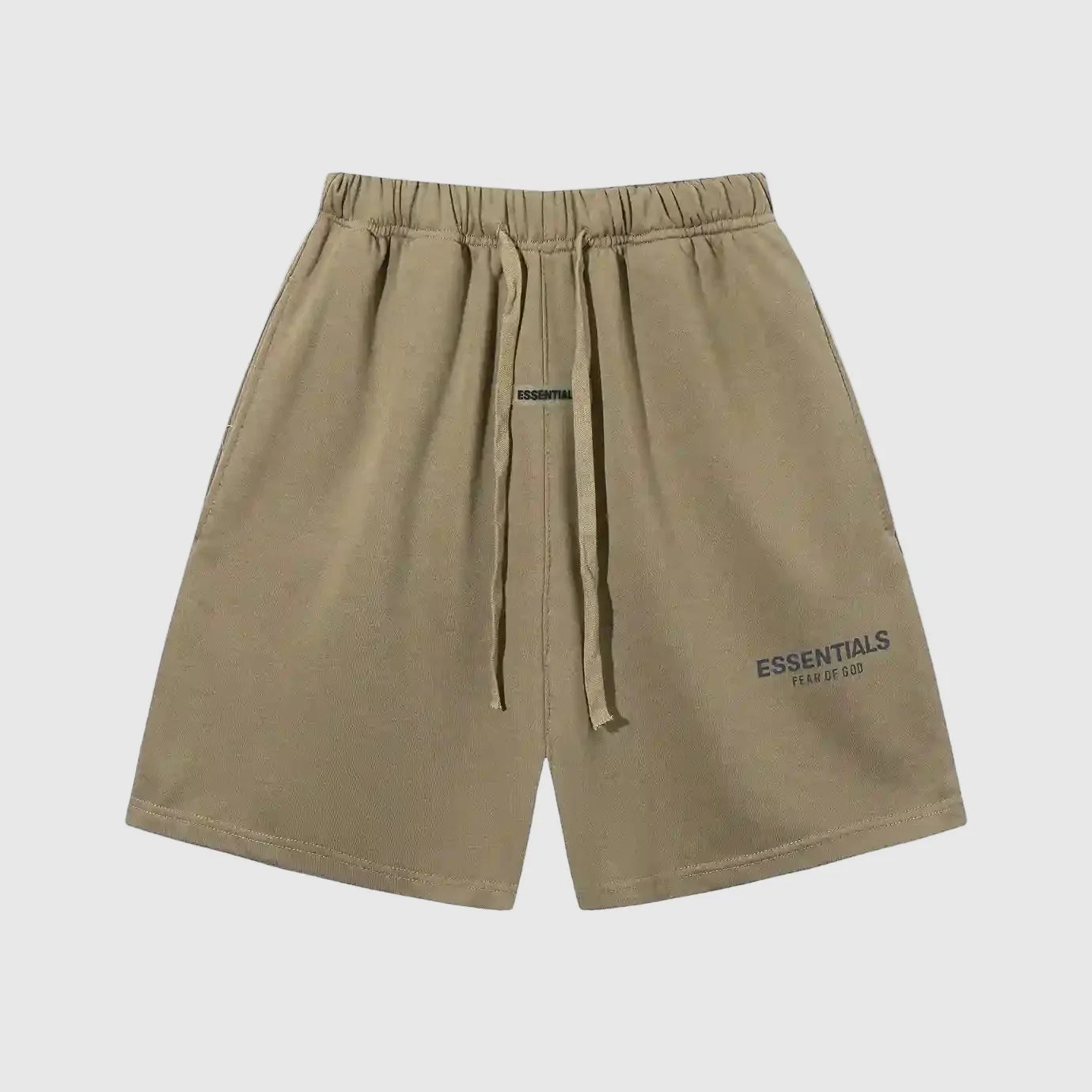 Fear of God Essentials dark beige fleece shorts with tonal branding and relaxed silhouette