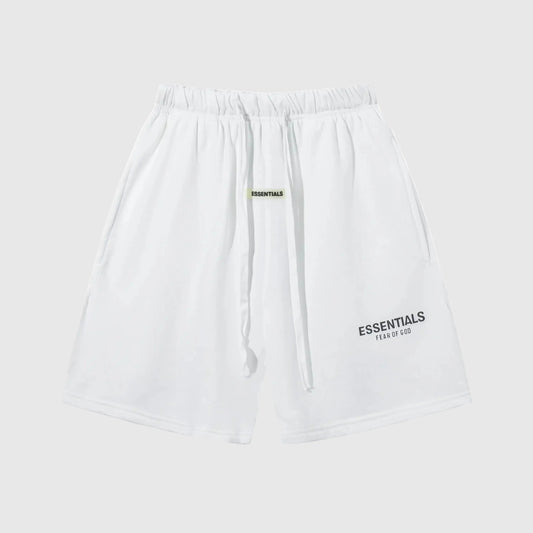 Fear of God Essentials shorts in eggshell neutral fleece with tonal logo and clean fit