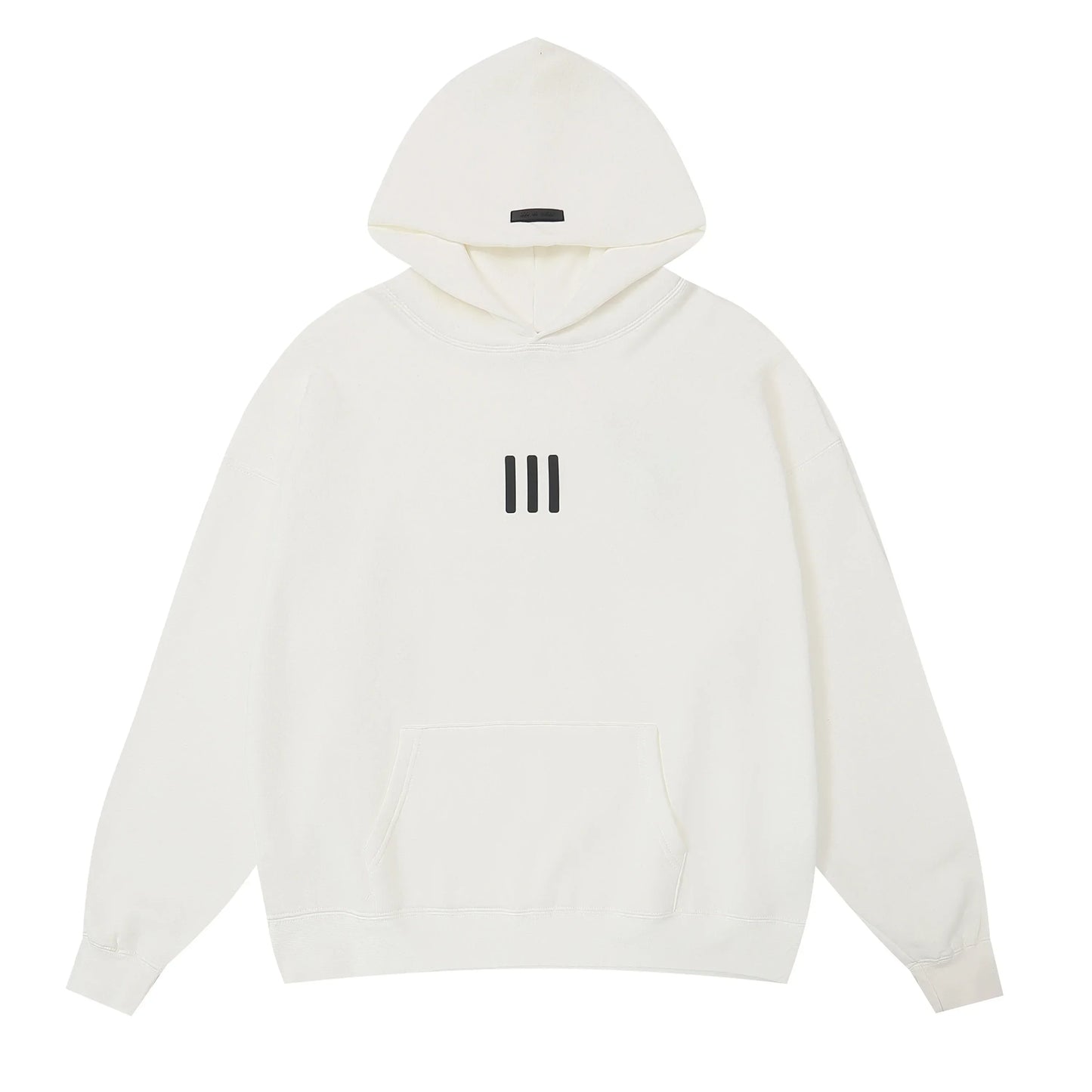 Eggshell Essentials hoodie center front rubberized black bar branding detail