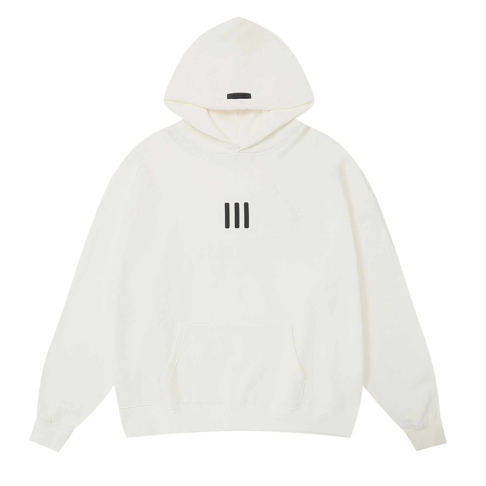 Eggshell Essentials hoodie center front rubberized black bar branding detail