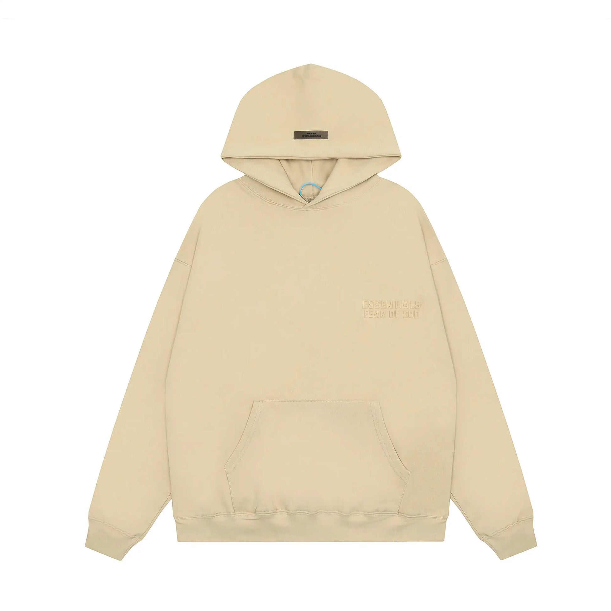 Garden yellow Essentials hoodie center front rubberized black bar branding detail