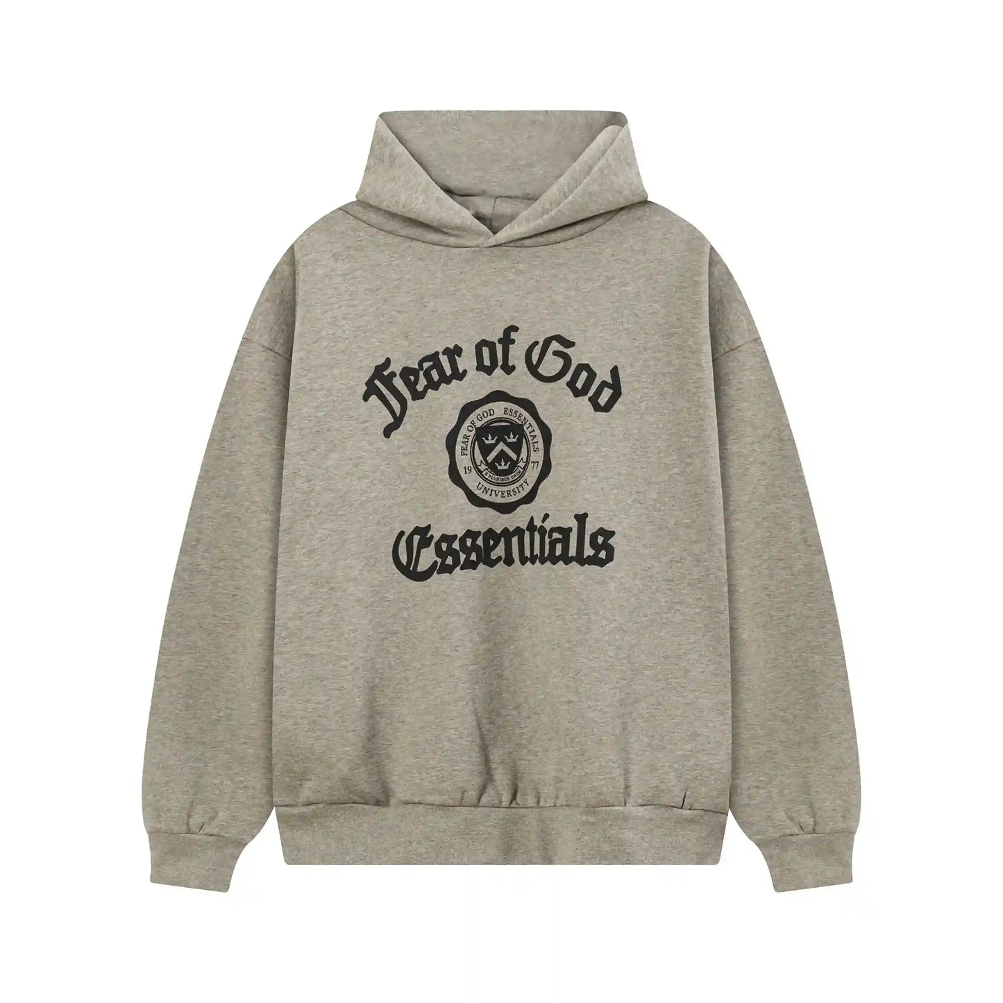 Essentials Heathered Grey hoodie set branding detail close-up