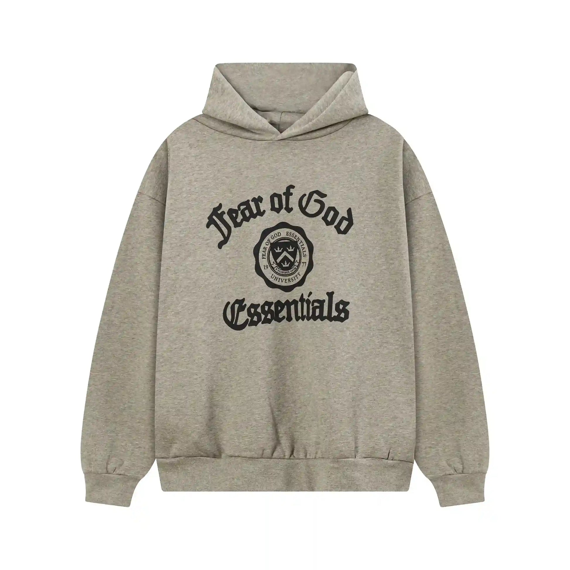 Essentials Heathered Grey hoodie set branding detail close-up