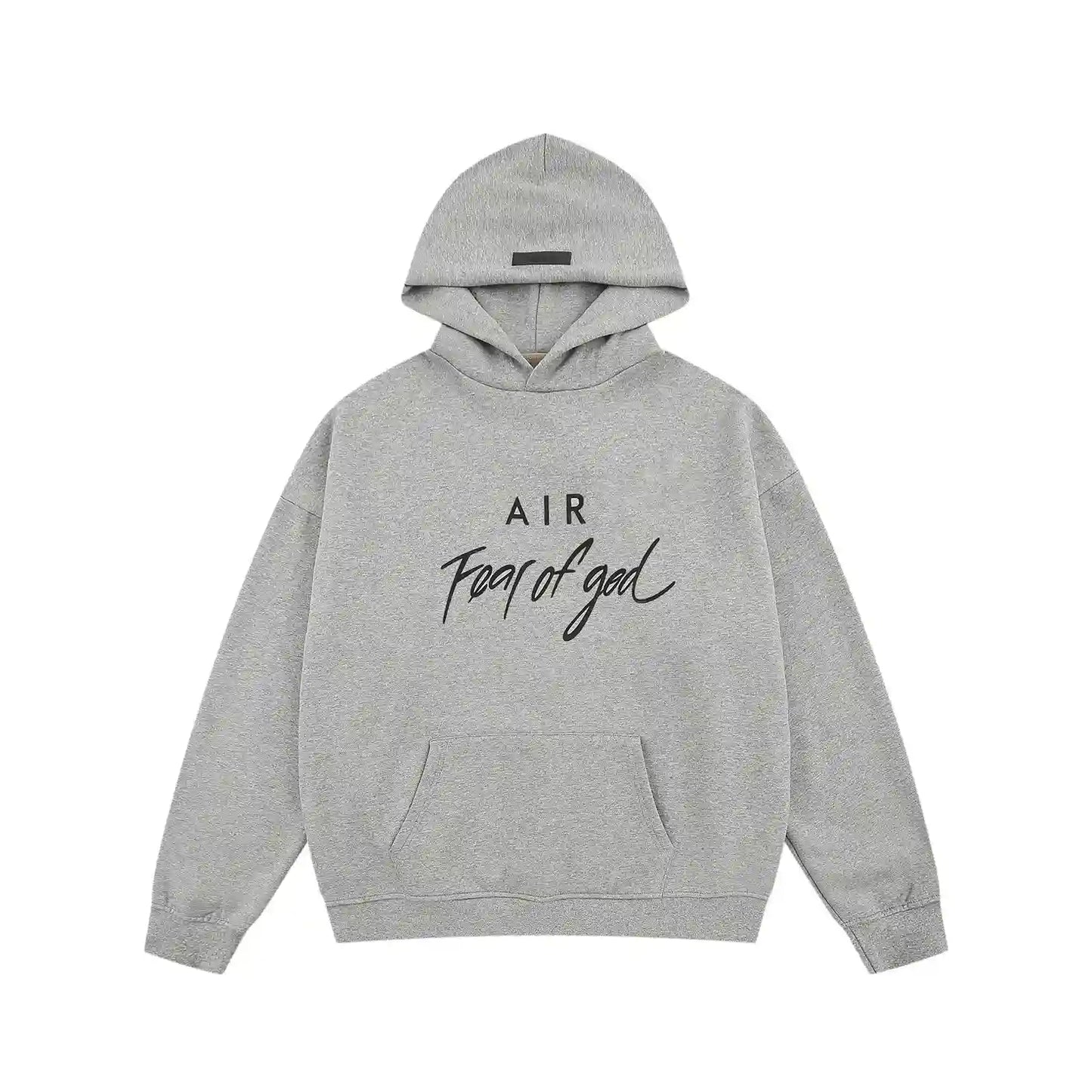 Essentials Dark Heather Oatmeal hoodie set branding detail close-up