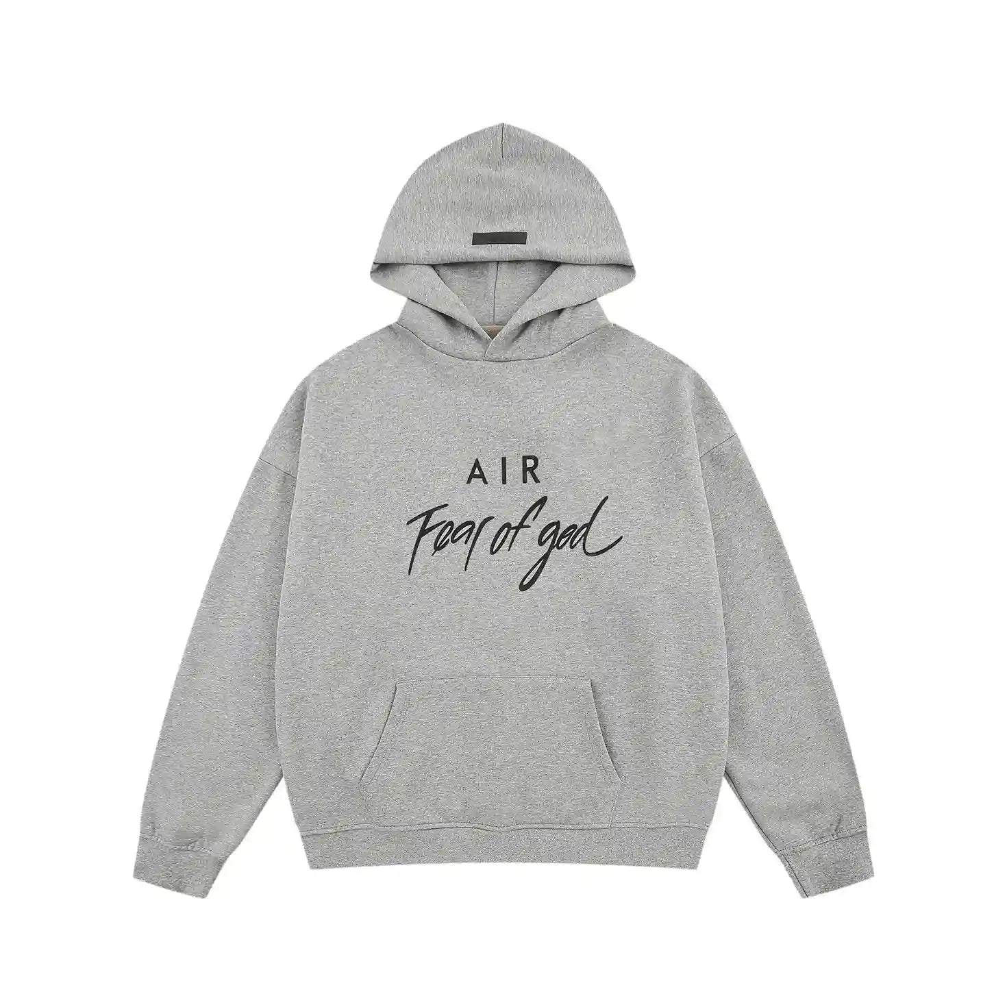 Essentials Dark Heather Oatmeal hoodie set branding detail close-up