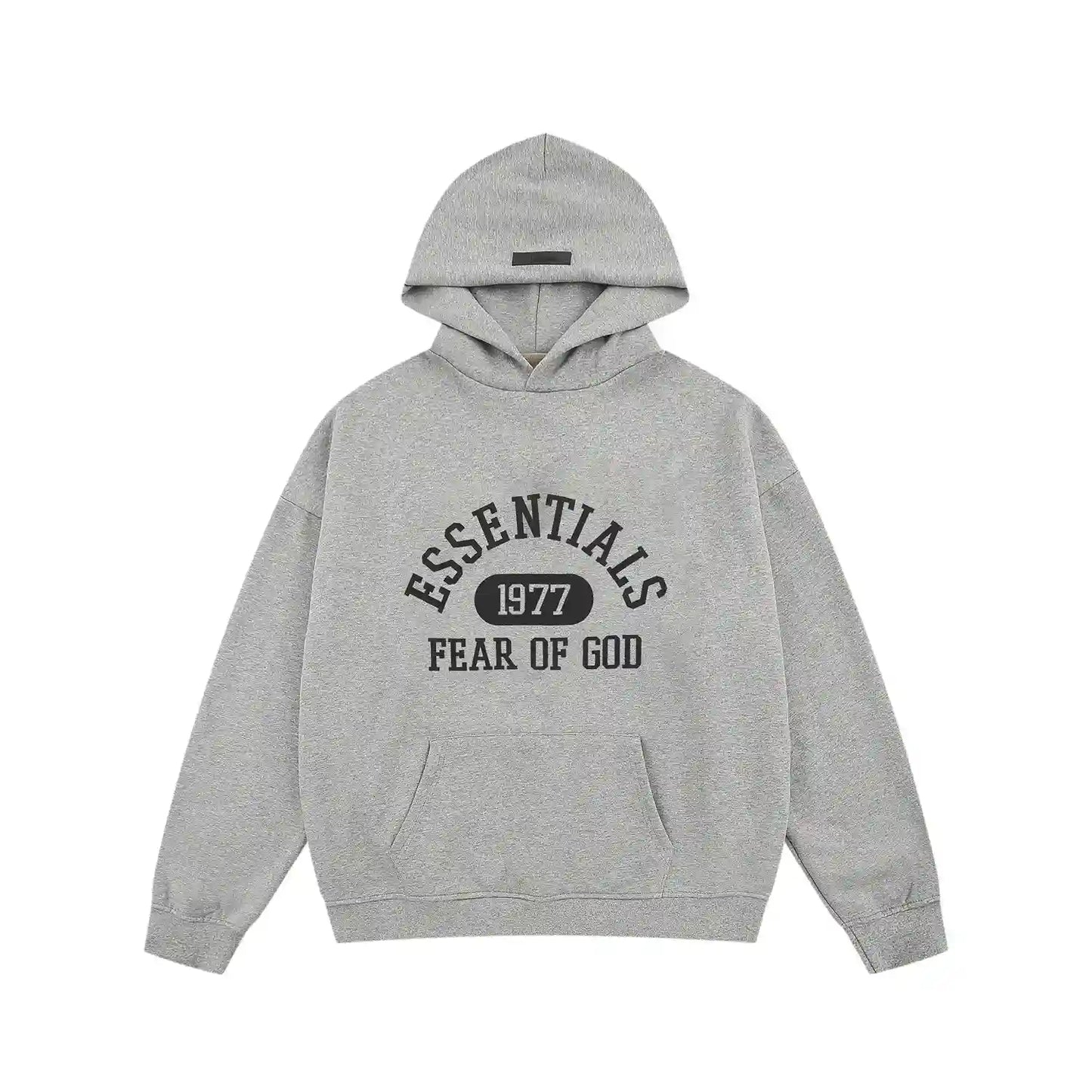 Dark heather oatmeal Essentials hoodie center front rubberized black bar branding detail