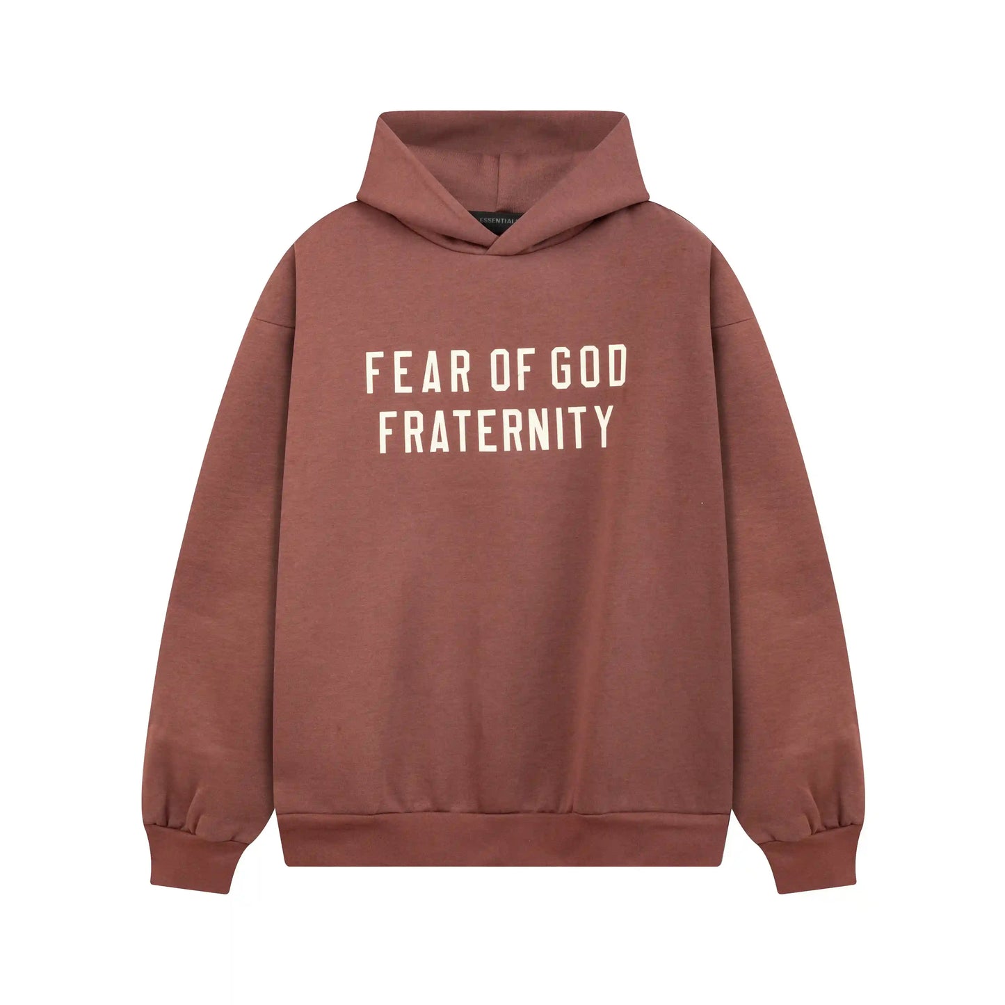Dark chestnut Essentials hoodie center front rubberized black bar branding detail