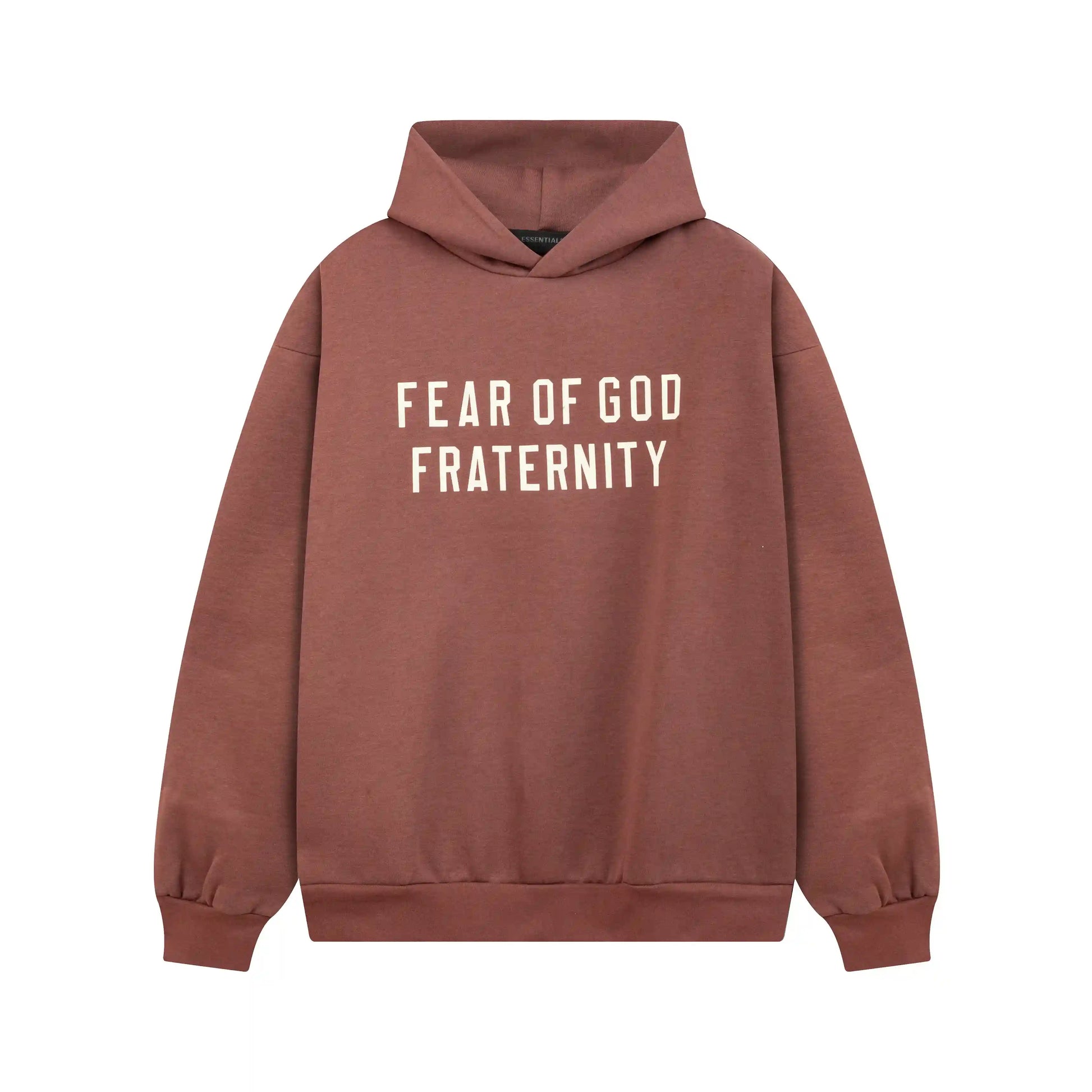 Dark chestnut Essentials hoodie center front rubberized black bar branding detail
