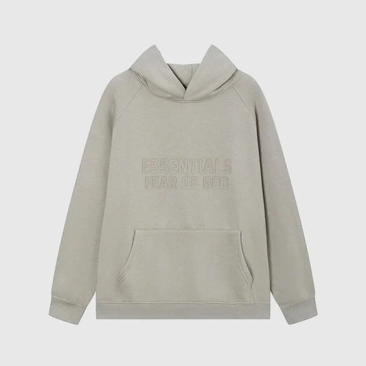 Fear of God Essentials grey hoodie front view with rubberized Black Bar branding