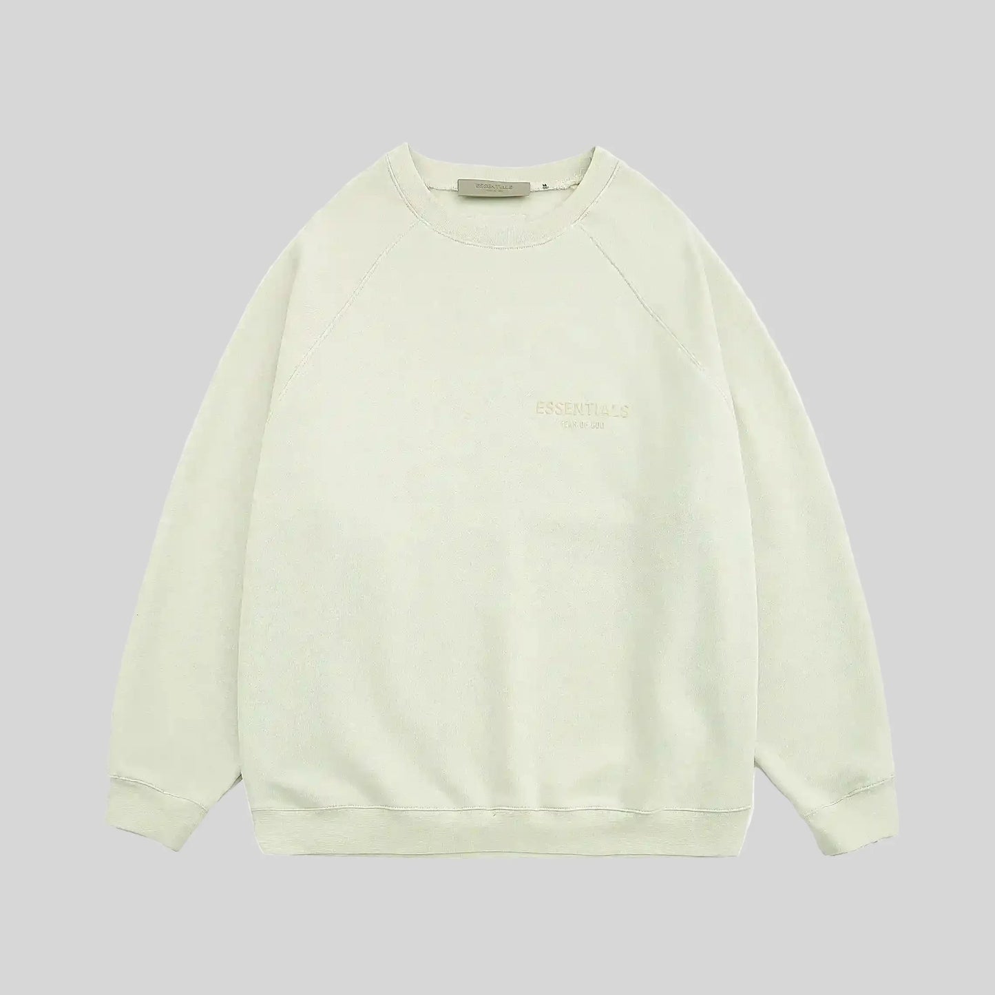 Fear of God Essentials ash grey sweatshirt front view classic crewneck fit