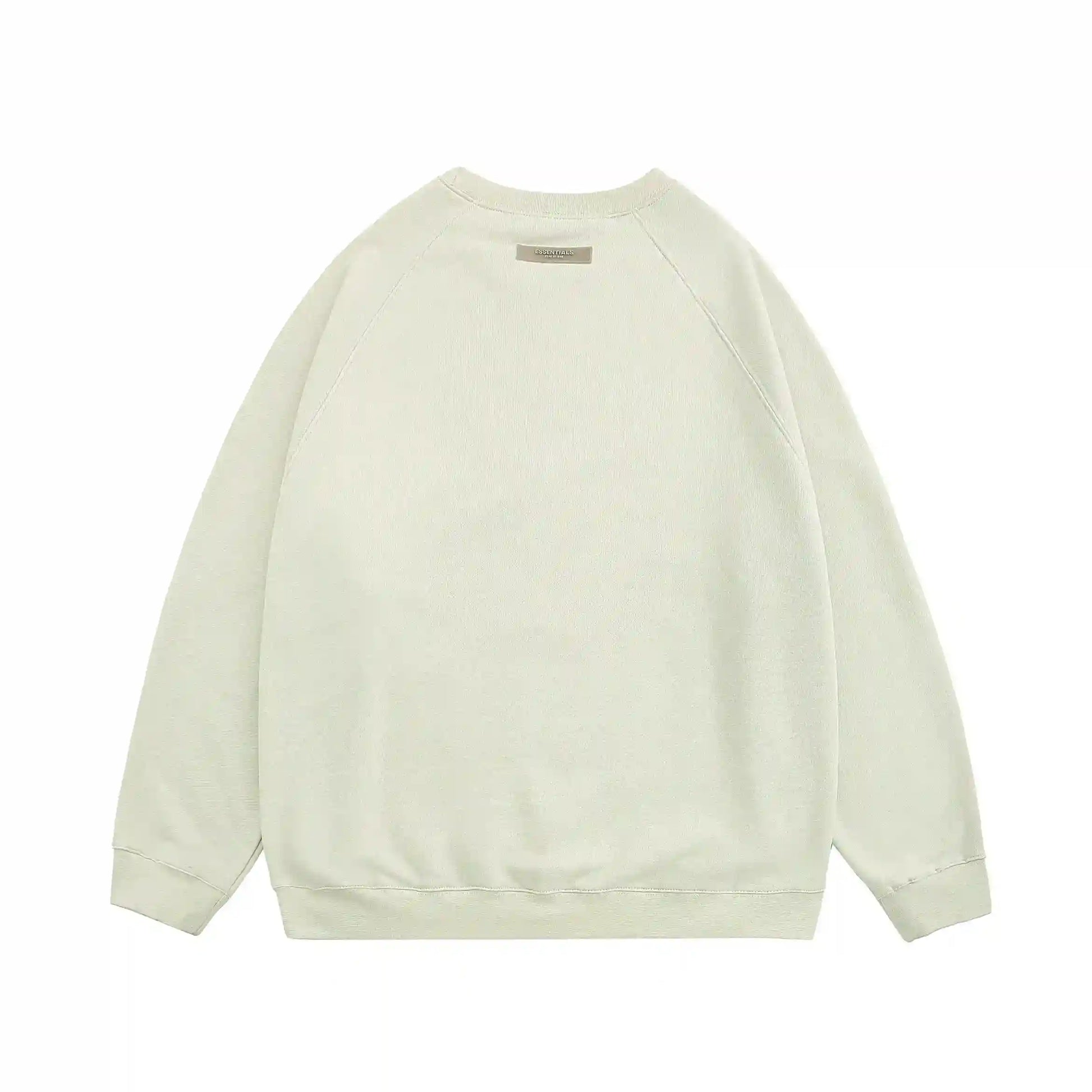 Essentials ash grey crewneck sweatshirt back view with beveled logo branding