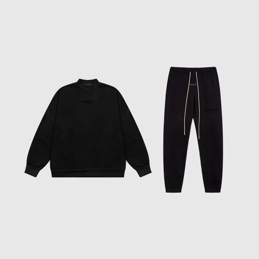 Fear of God Essentials black tracksuit set front view top and joggers