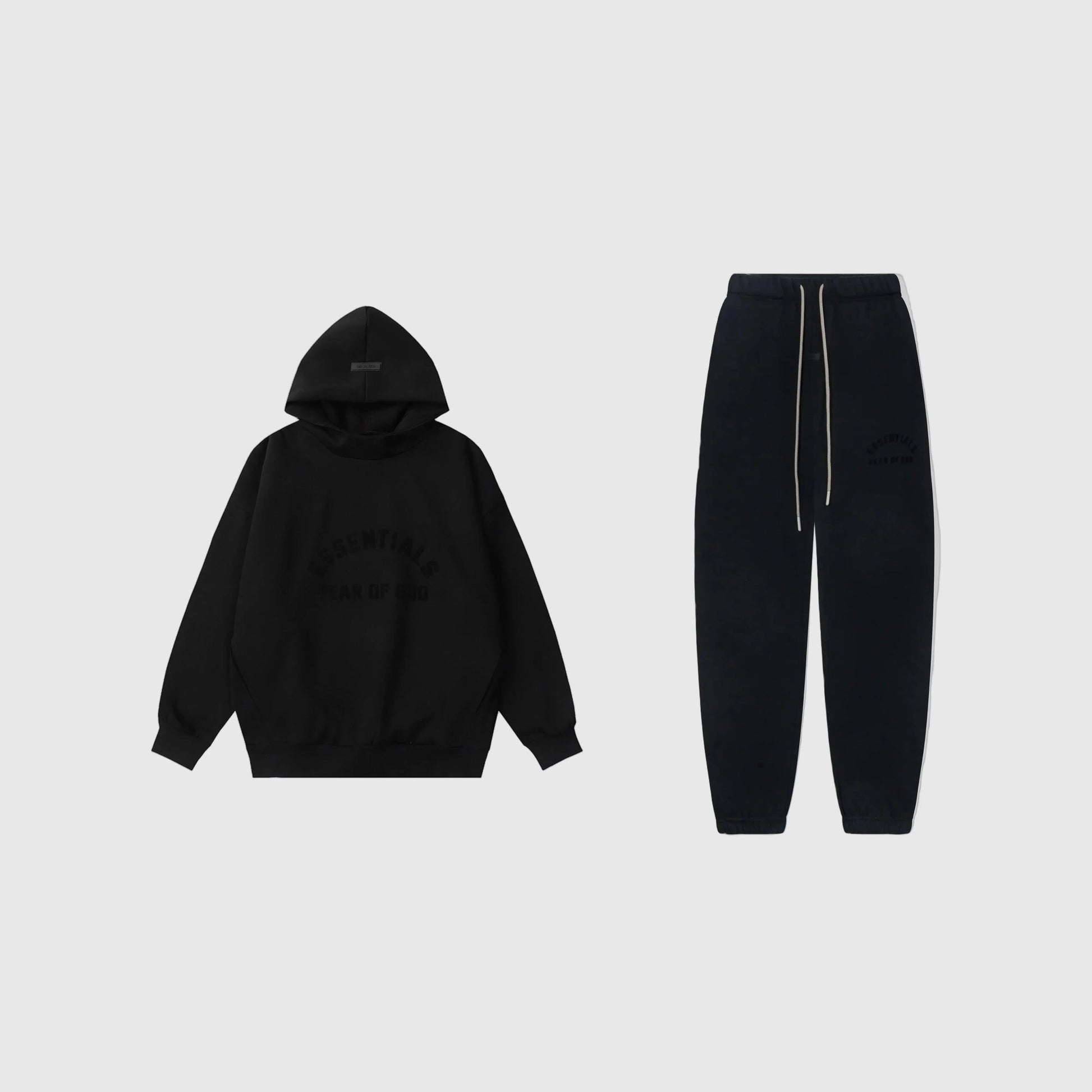 Essentials black lounge core fleece tracksuit set with relaxed fit by Fear Of God