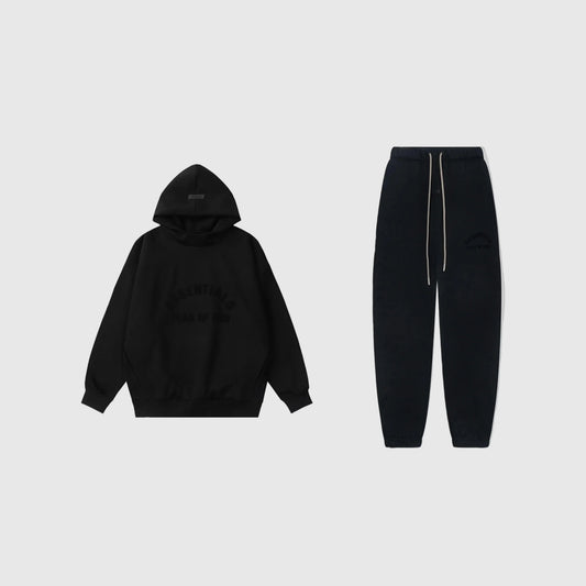 Essentials black lounge core fleece tracksuit set with relaxed fit by Fear Of God