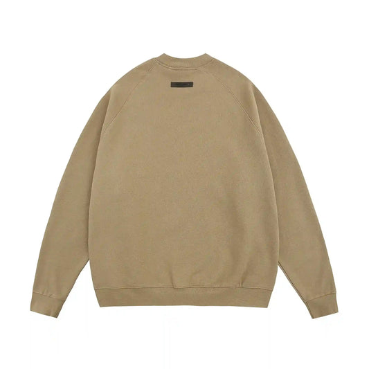 Essentials dark beige sweatshirt back view beveled metallic logo branding