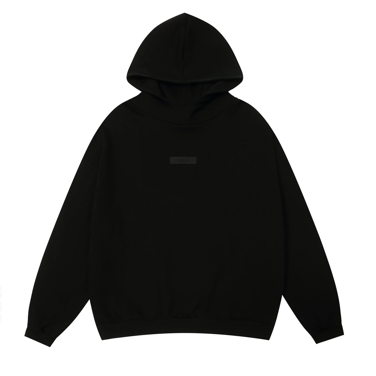 Black Essentials hoodie center front black bar branding detail