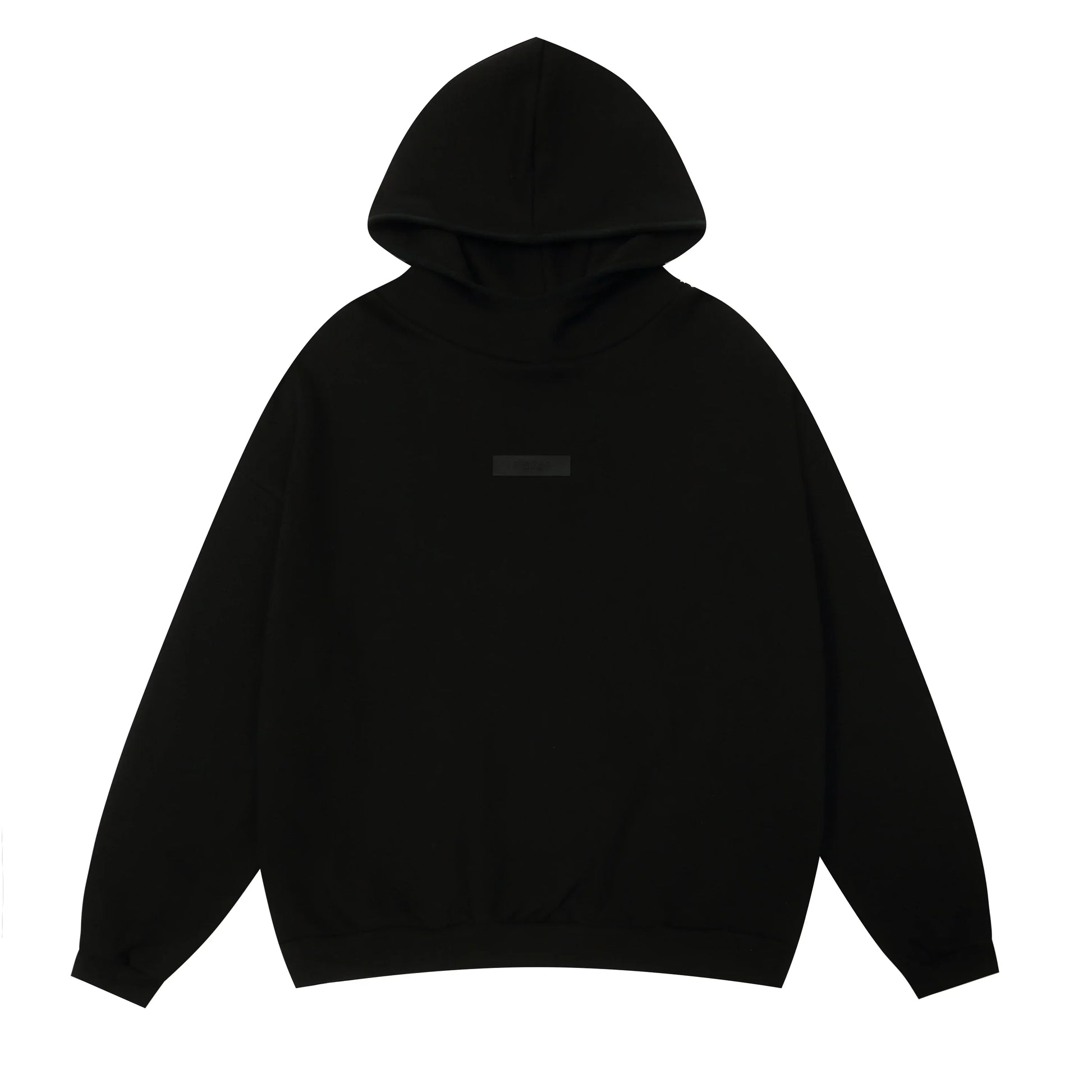 Black Essentials hoodie center front black bar branding detail