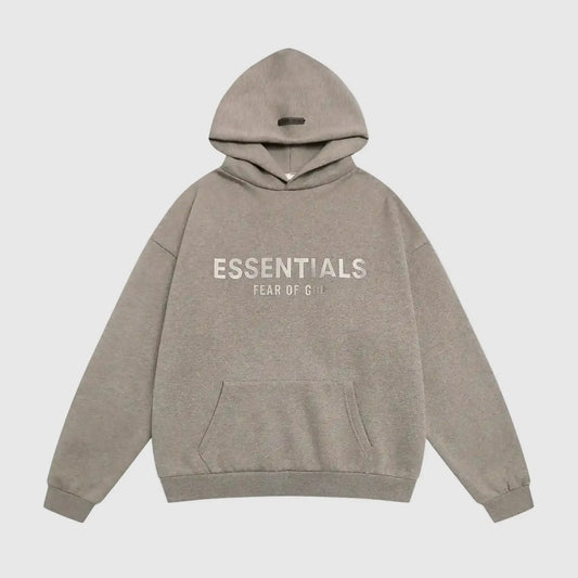 Essentials Dark Heather Oatmeal pullover hoodie front view – Fear of God