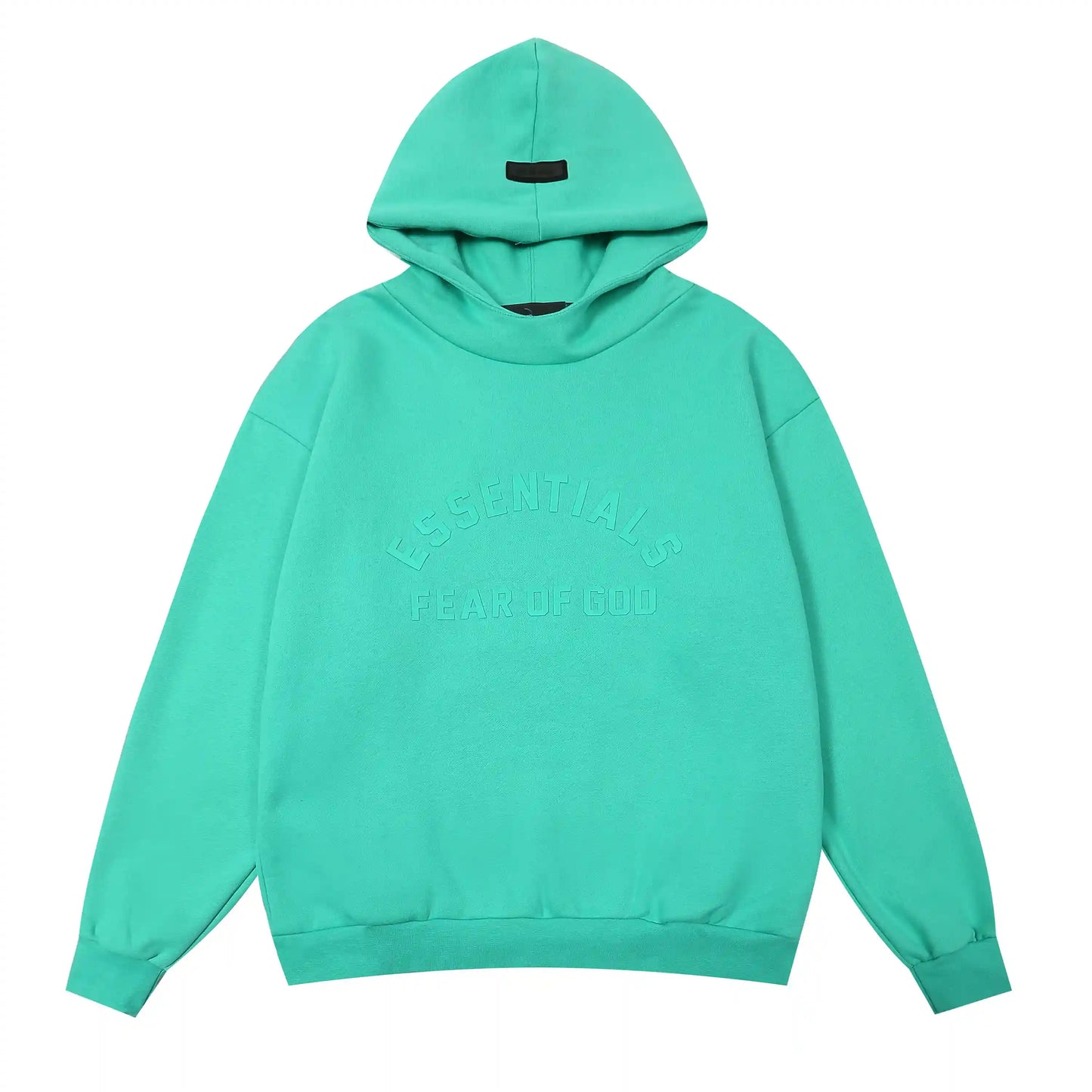 Fear of God Essentials aqua green hoodie detail mock neckline and front branding