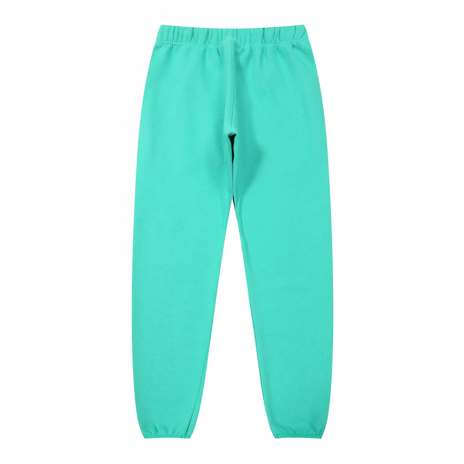 Essentials rubberized label detail on aqua green tracksuit (hood or front label)