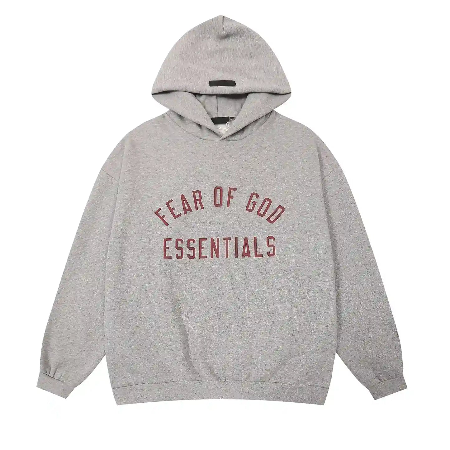 Essentials Light Heather Oatmeal hoodie set branding detail close-up