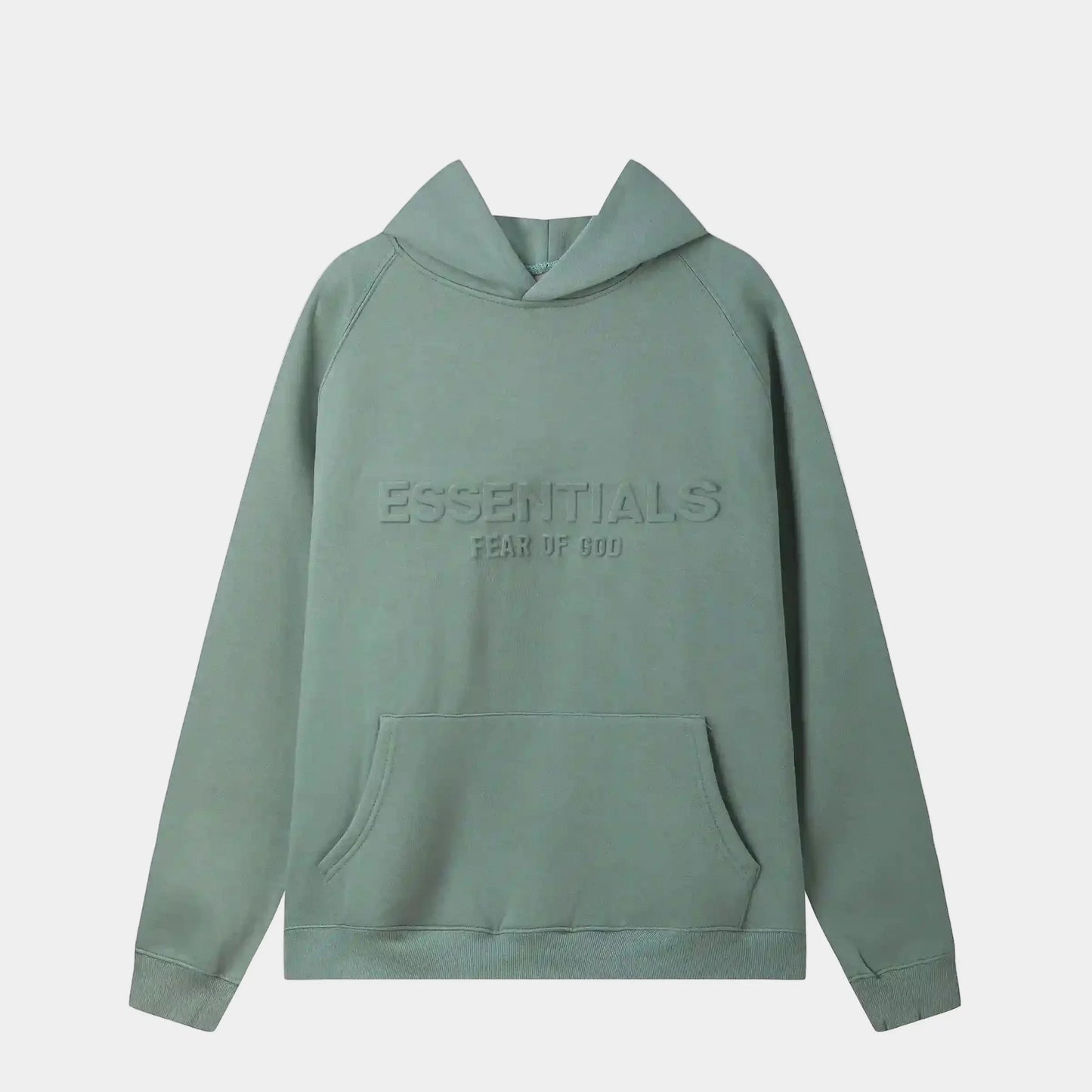 Fear of God Essentials mint blue hoodie front view with rubberized Black Bar branding