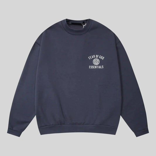 Fear of God Essentials blue crewneck sweatshirt front view core fleece