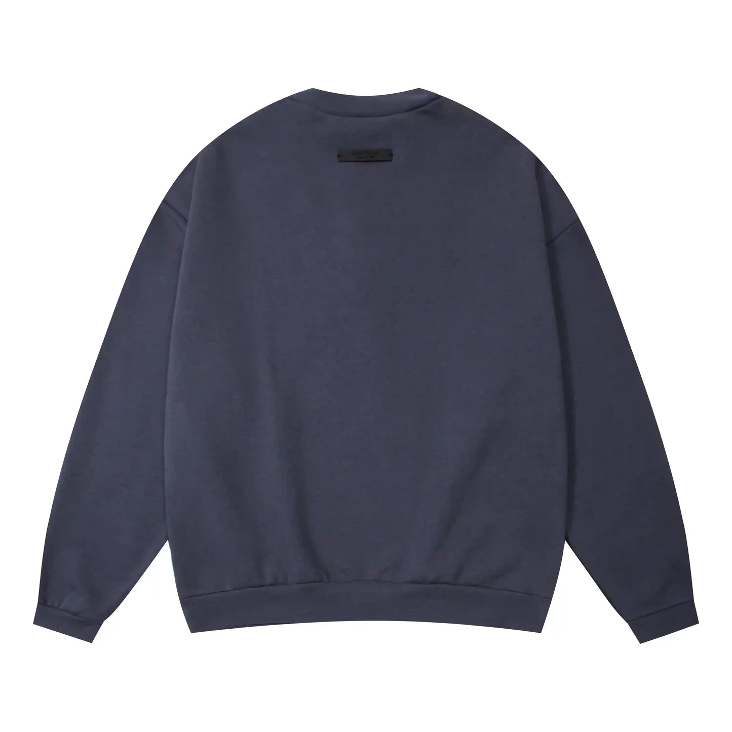 Essentials blue sweatshirt back view beveled metallic logo branding