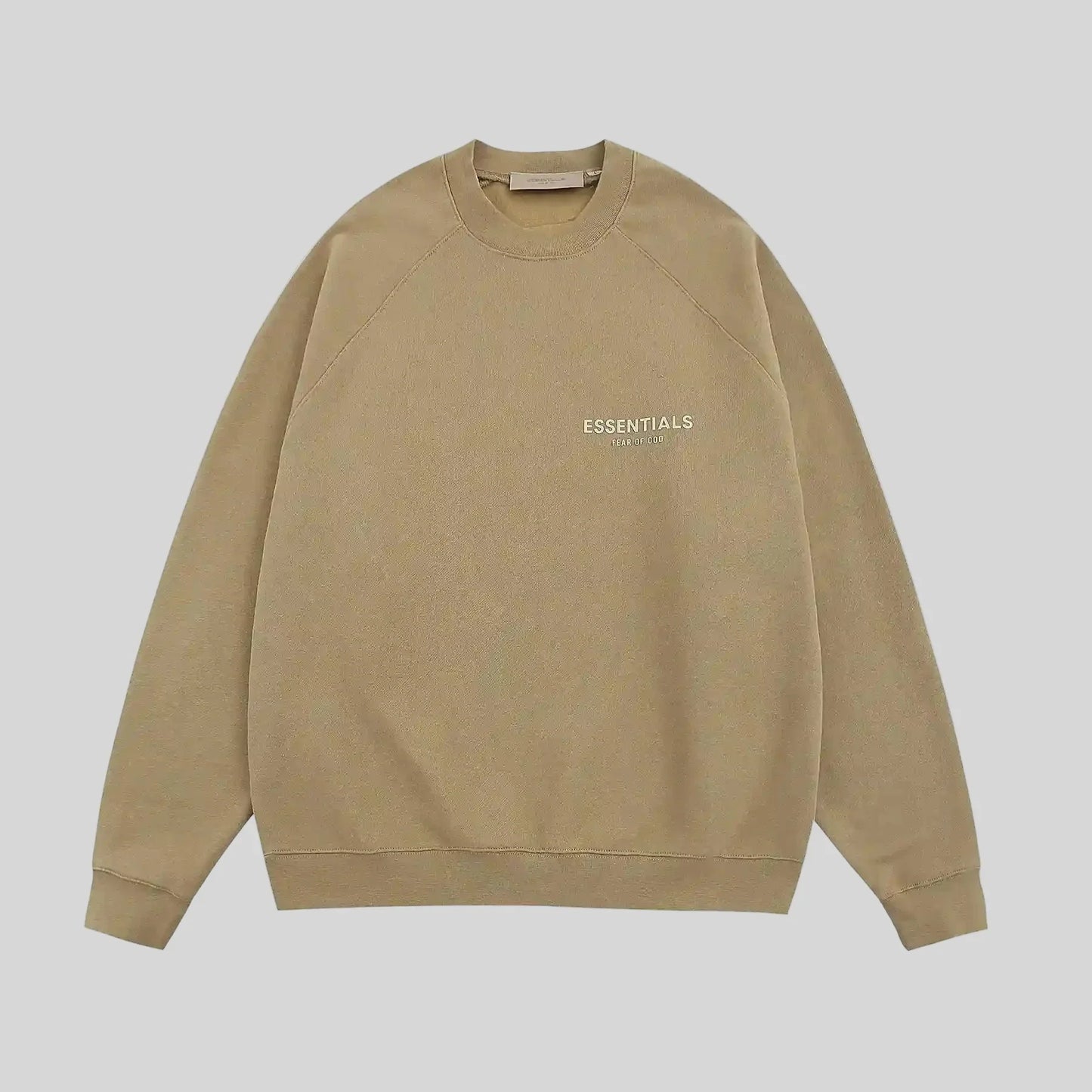 Fear of God Essentials dark beige crewneck sweatshirt front view core fleece