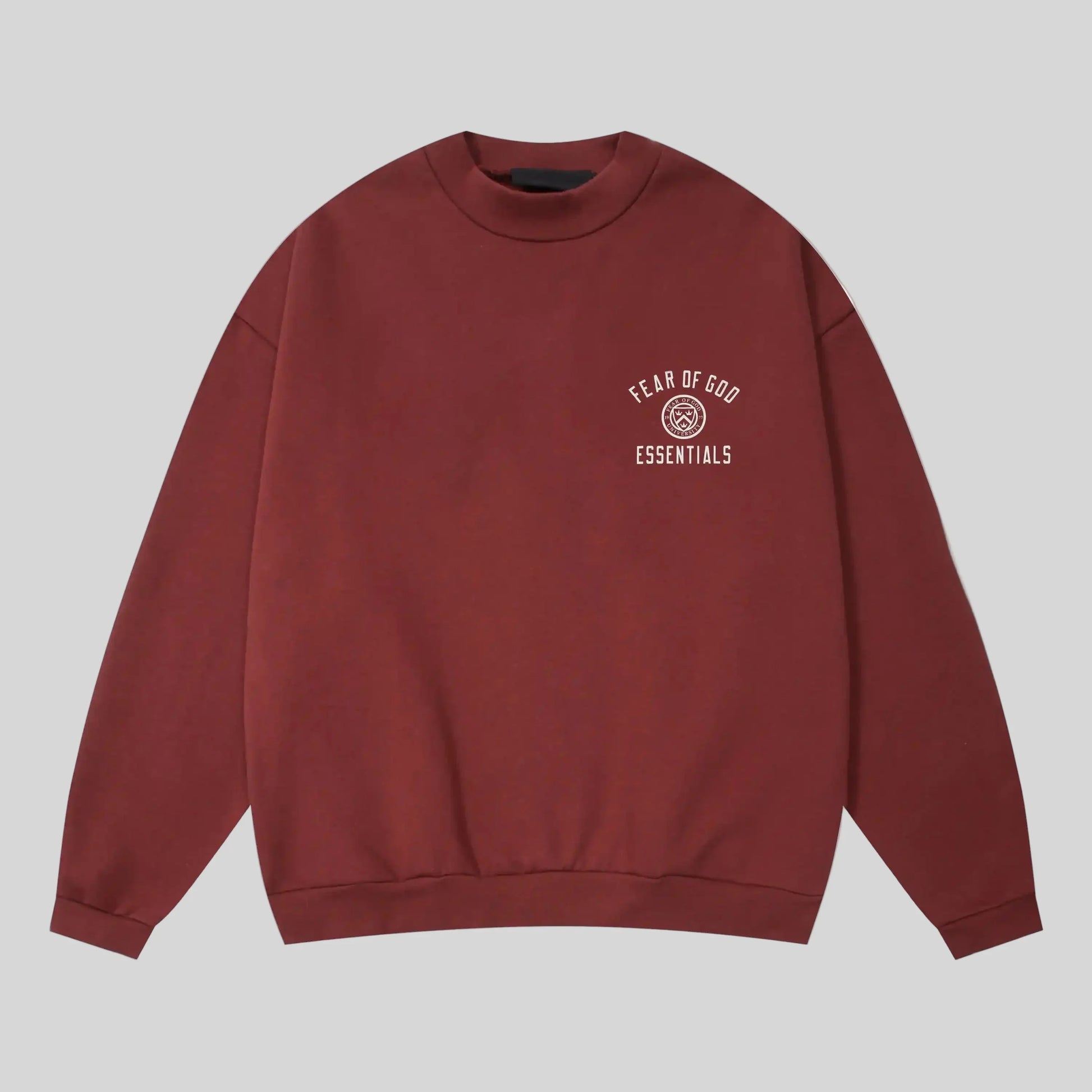 Fear of God Essentials dark chestnut crewneck sweatshirt front view core fleece