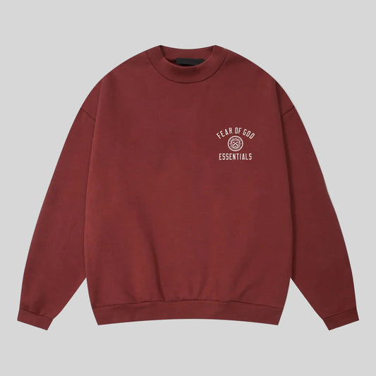Fear of God Essentials dark chestnut crewneck sweatshirt front view core fleece