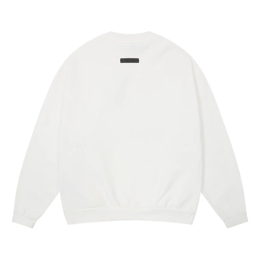 Essentials eggshell sweatshirt back view beveled metallic logo branding