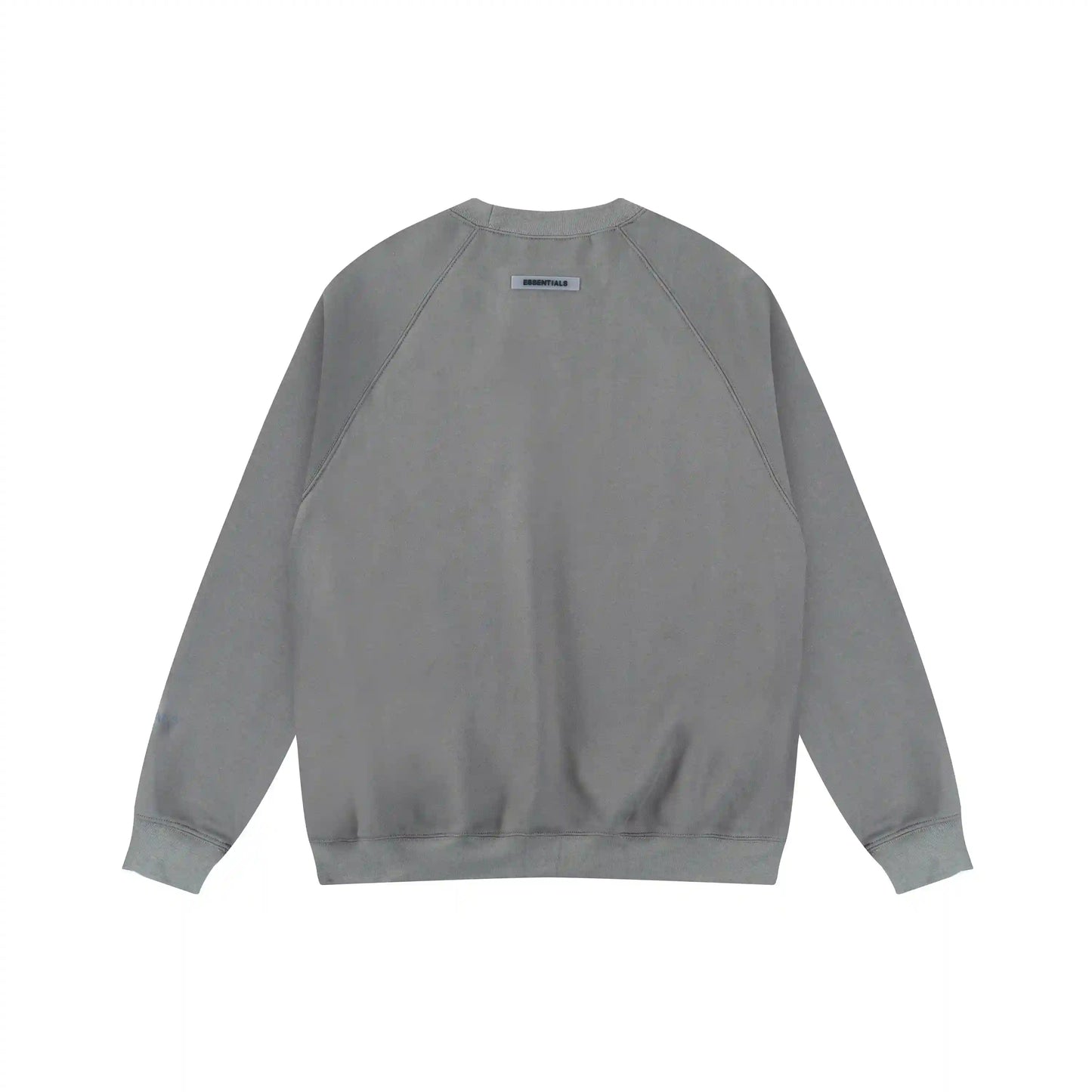 Essentials grey sweatshirt back view beveled metallic logo branding