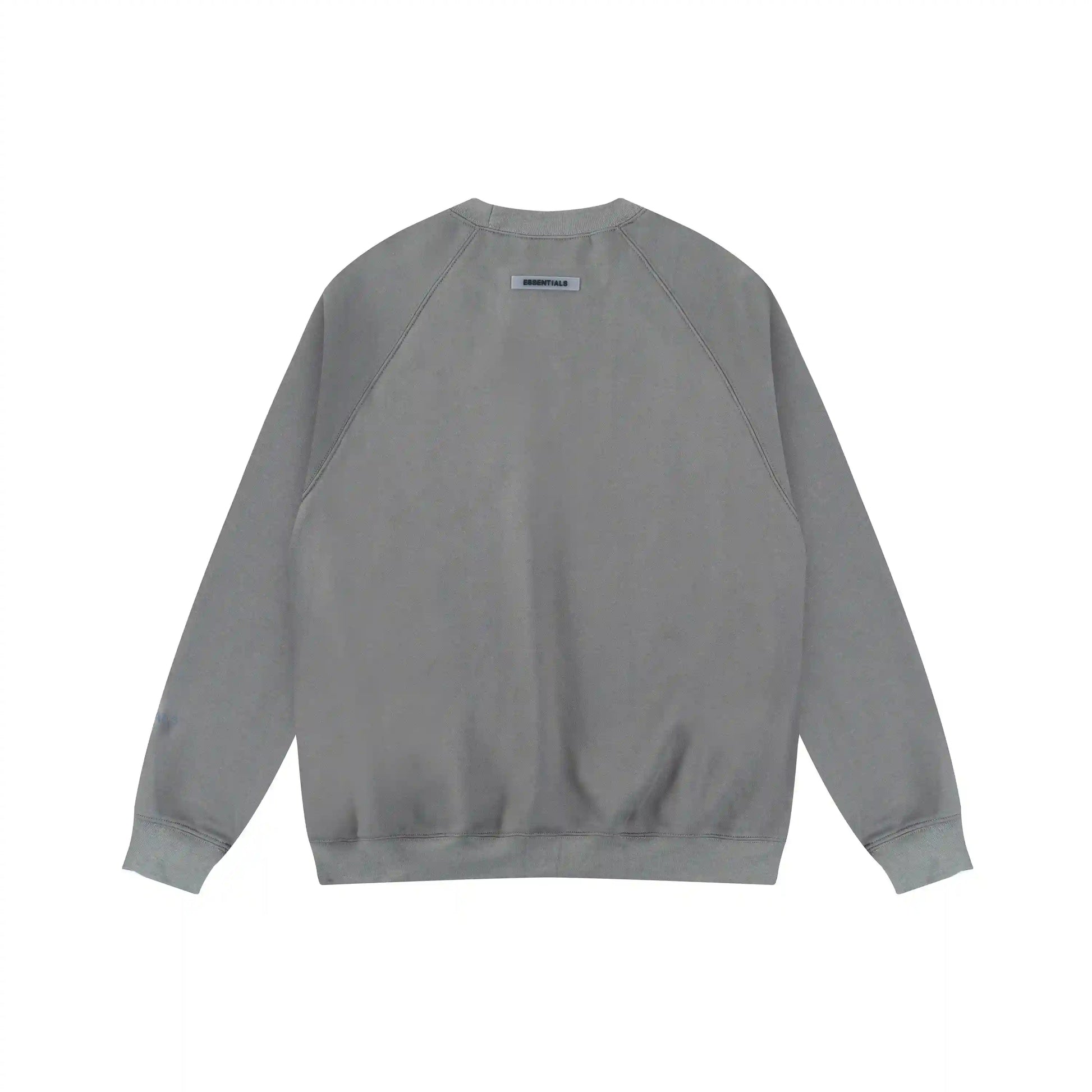 Essentials grey sweatshirt back view beveled metallic logo branding