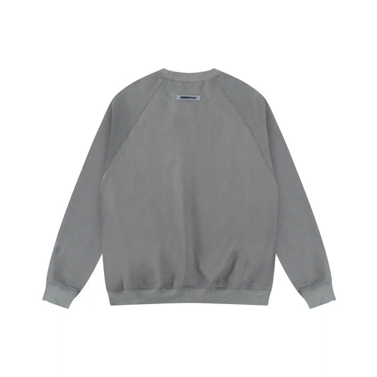 Essentials grey sweatshirt back view beveled metallic logo branding