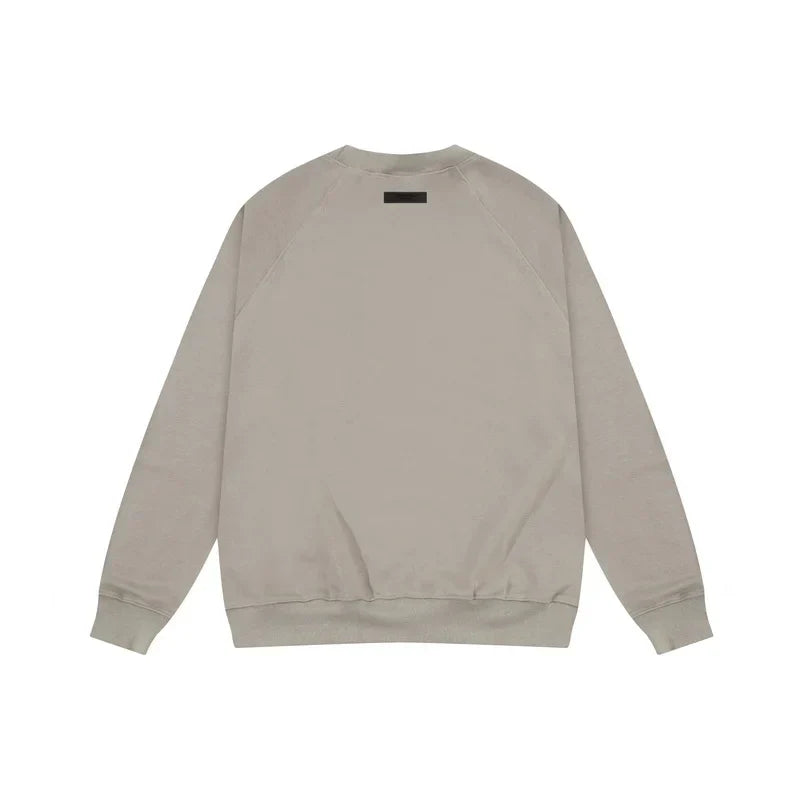 Essentials heathered grey sweatshirt back view beveled metallic logo branding