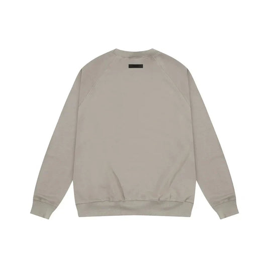 Essentials heathered grey sweatshirt back view beveled metallic logo branding