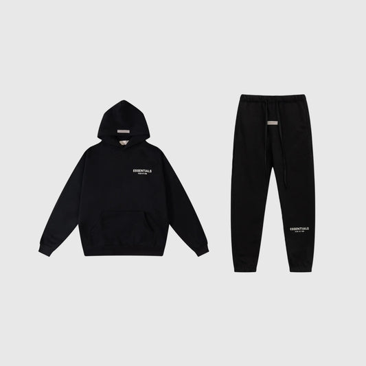 Fear of God Essentials black tracksuit set front view hoodie and joggers