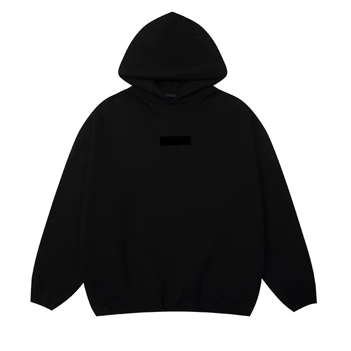 Black Essentials hoodie center front black bar branding detail
